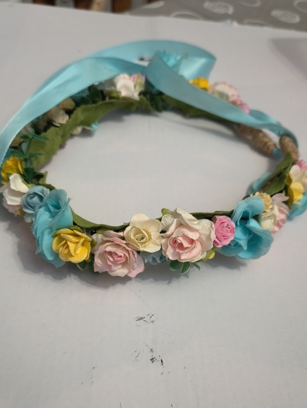 Floral Pastel Flower Crown Headband with Blue Ribbon
